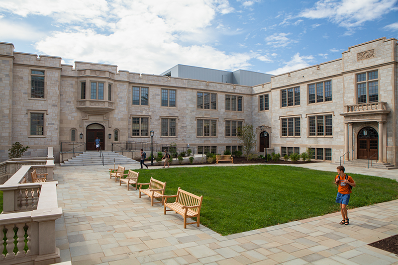 Gearhart Hall features a spacious student lounge flooded with natural light, study areas and rooms for group discussions and an auditorium for classes, lectures and film screenings.